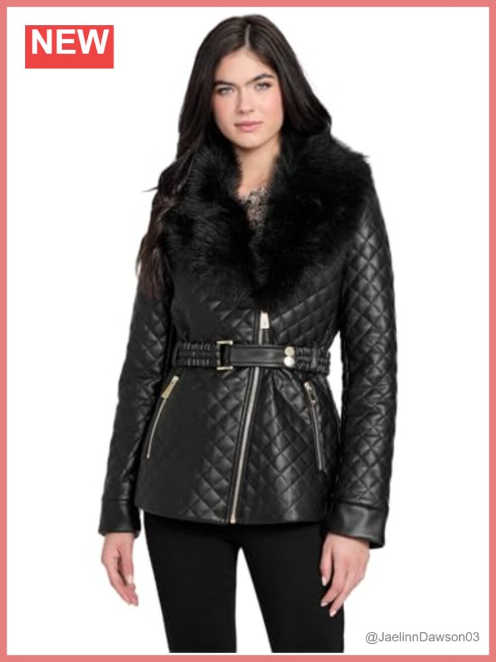 Quilted Faux Leather Moto Jacket with Faux Fur Collar Belted Mid-Length